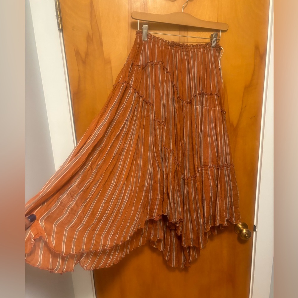Free People One Ember Printed Flowy Midi Skirt In Terracotta Stripe - Picture 6 of 15